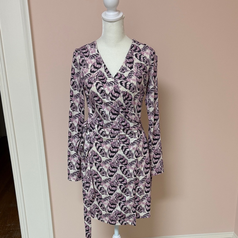 Ark & Co Pink and Black Printed Faux-Wrap Long Sleeve Dress. S.
